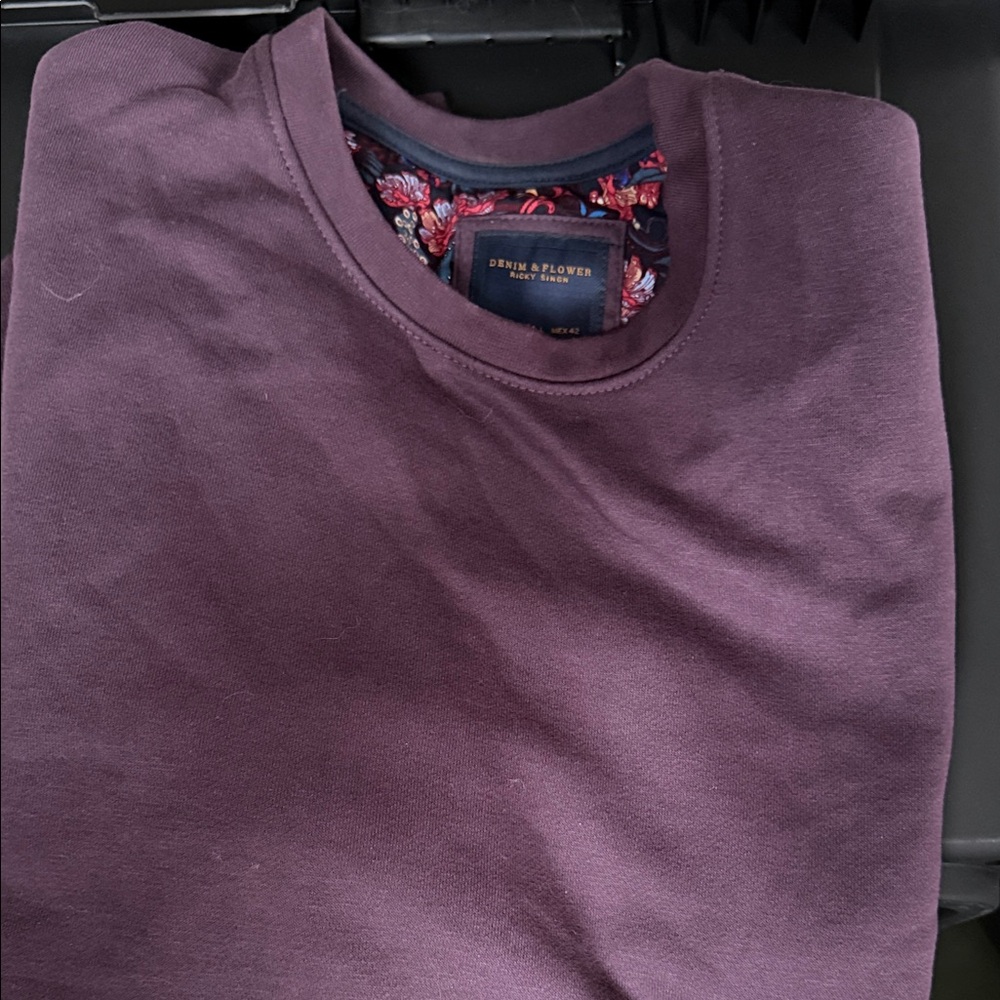 Denim & Flower Deep Plum Crewneck Sweater with Floral Trim